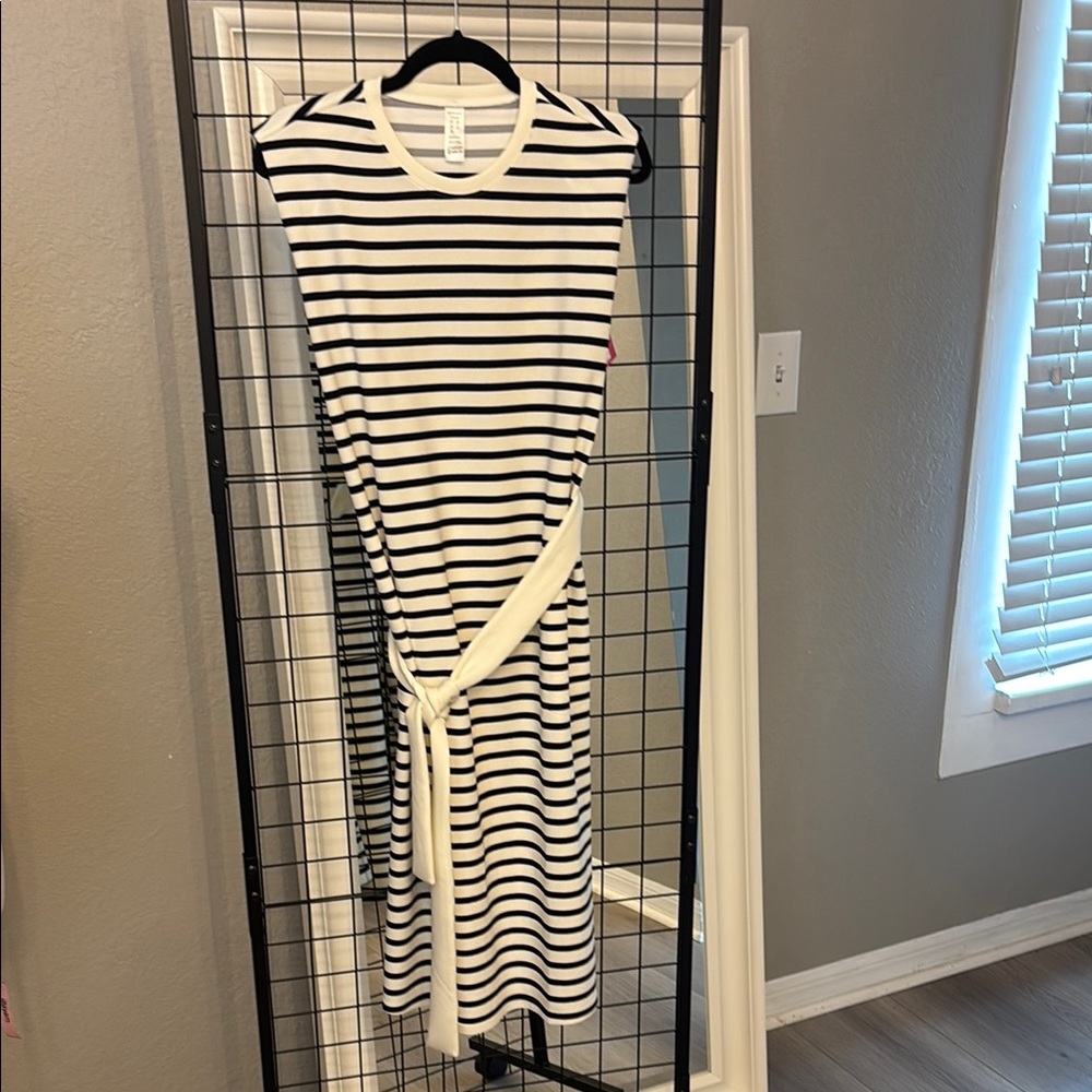 SPANX Black and White Striped Midi Dress